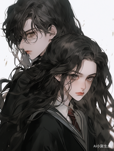 霍格沃兹双人，一男一女，精致五官，黑色巫师袍
