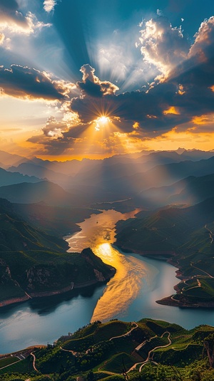 阳光透过云彩，照向大地山川河流，高清摄影，提现出阳光的温暖，绚烂，超真实