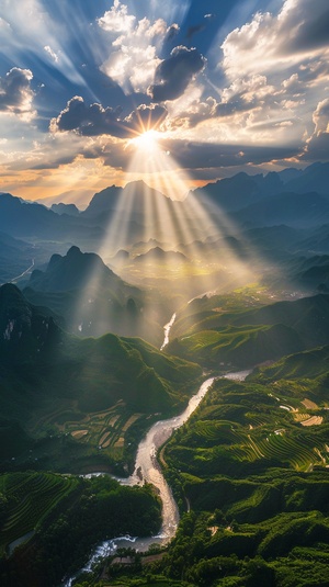 阳光透过云彩，照向大地山川河流，高清摄影，提现出阳光的温暖，绚烂，超真实