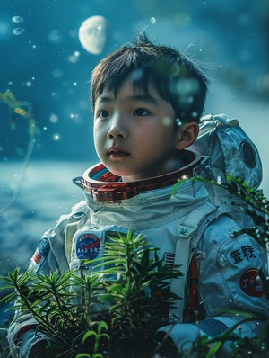 1 Chinese boy, space, lake, planting, (10yo), adventurous, detailed eyes, short black hair, astronaut suit,, holding a plant, green plants, blue lake, stars, moon, realistic, depth of field, ambient light, (cinematic composition:1.3), HDR, Accent Lighting,best quality, masterpiece.1名中国男孩，太空，湖泊，种植，（10岁），爱冒险的，详细的眼睛，短黑发，宇航员服，手持植物，绿色植物，蓝色湖泊，星星，月亮，现实，景深，环境光，（电影构图：1.3），HDR，重点照明，最佳质量，杰作。70mm焦段