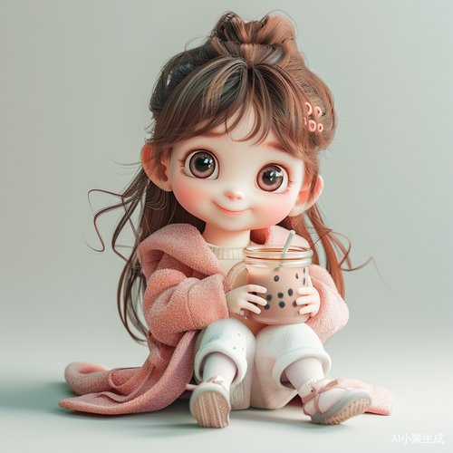 可爱卡通小女孩手持奶茶喝波霸饮料