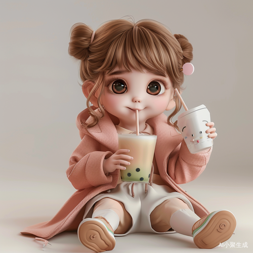 可爱卡通小女孩手持奶茶喝波霸饮料