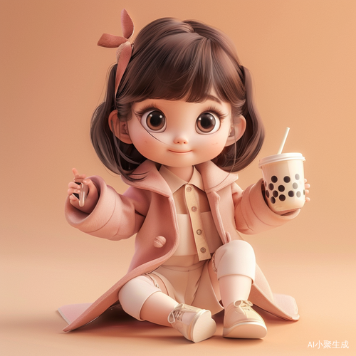 可爱卡通小女孩手持奶茶喝波霸饮料
