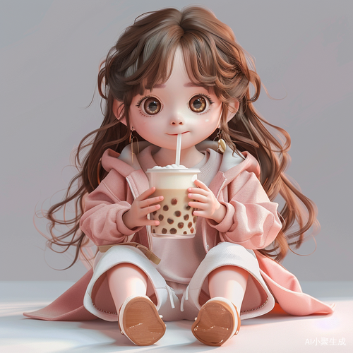 可爱卡通小女孩手持奶茶喝波霸饮料