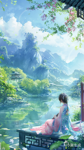 阳光明媚下，汉服女生凉亭中弹奏古筝