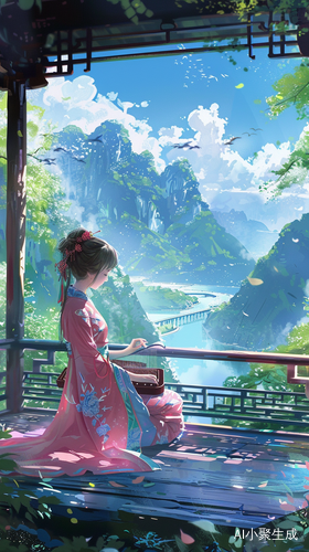 阳光明媚下，汉服女生凉亭中弹奏古筝