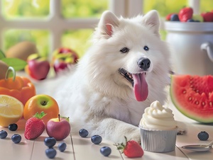 1 dog, Samoyed, cute, (2yo), fluffy, white fur, big eyes, looking at viewer, tongue out, sitting, blueberry ice cream, creamy, rich color, detailed texture, various fruits, apple, banana, strawberry, orange, watermelon, depth of field, best quality, masterpiece1狗，萨摩耶犬，可爱，（2岁），蓬松，白色毛发，大眼睛，看观众，舌头伸出，坐，蓝莓冰淇淋，奶油，丰富的颜色，详细的纹理，各种水果，苹果，香蕉，草莓，橙子，西瓜，景深，最佳质量，杰作。