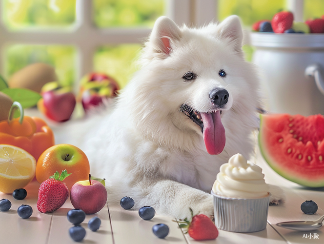 Samoyed Dog Sitting with Blueberry Ice Cream