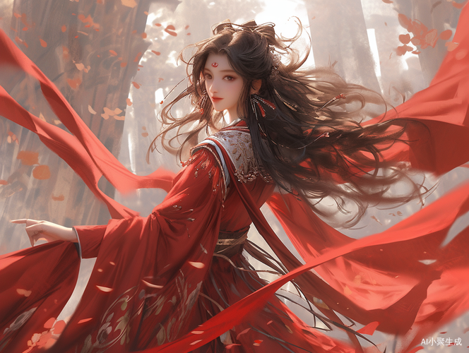红色汉服美女在深山幽谷中的妖娆姿态