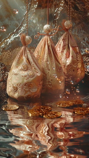 Surrealism, exquisite Chinese money bags, on the water surface, sparkling water, reflected on the sparkling water surface, gold coins, pearls, sparkling shadows, pink and transparent texture styles, sunshine, speckled surreal water, dreamy imagery, and unsettling fantasies. I can‘t believe how beautiful this is. Natural light, realistic, high-definition, high detail, clean, concise, with the best picture quality