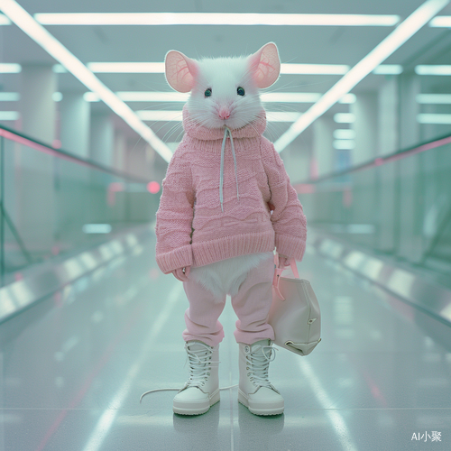 Modern Organic Shopping Mouse in a Pink Sweater and White Boots