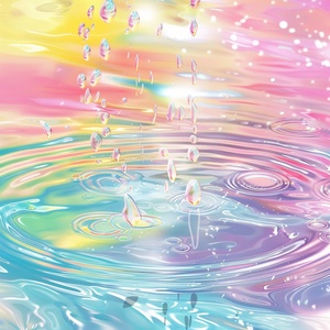 A rainbow colored background with water ripples and bubbles, the colors of the rainbow should be in very bright pastel tones. The style is soft and delicate, it's like you can see the reflection on glass. There will also have some light pink, yellow, blue and green elements. The whole picture looks very dreamy and ethereal, which makes people feel calm and peaceful. s 150 ar 9:16 v 6.0