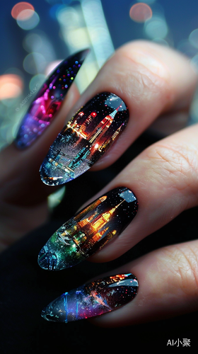 Night Town: Beautiful Illuminated City on Crystal Nails