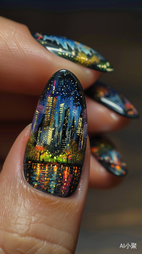 Night Town: Beautiful Illuminated City on Crystal Nails