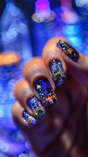 nail art of night town,beautifulilluminated city inthe transparent crystal nails,intricatedetailed,miniature,architects nails ar 3:4 styleraw stylize 250