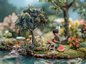 1 boy, (10yo), clay, miniature landscape, sitting under a big tree, eating watermelon, summer, pond, various flowers and plants, small table, delicate tea set, normal human proportions, studio lighting, background blur, tilt-shift photography, best quality, masterpiece.1男孩，（10岁），粘土，微缩景观，坐在大树下，吃西瓜，夏天，池塘，各种花草，小桌子，精致的茶具，正常人类比例，影棚光，背景虚化，移轴摄影，最佳质量，杰作。