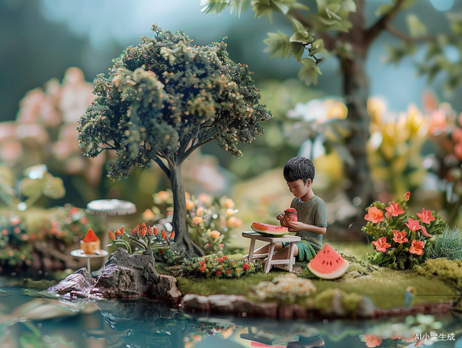 Boy enjoying summer in a miniature landscape