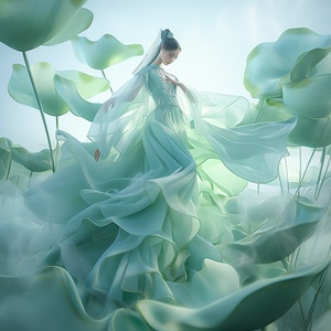 ly light , a huge lotus leaf , rich surreal detail , elegant giri , delicate face , an purglass figure , cyan Hanfu , dynamic hair , dancing pose , cyan - green gradient pund , surround Smoke , minimalist style ,3d renderer , Dream scene , ight , back light , surreal , ultra - fealistic photo , ultra - high definition ,16k, tng photo