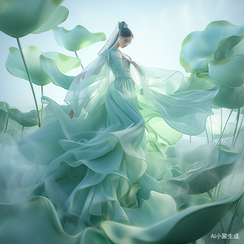 Ly Light: Surreal Lotus Leaf with Delicate Face and Cyan Hanfu Pose