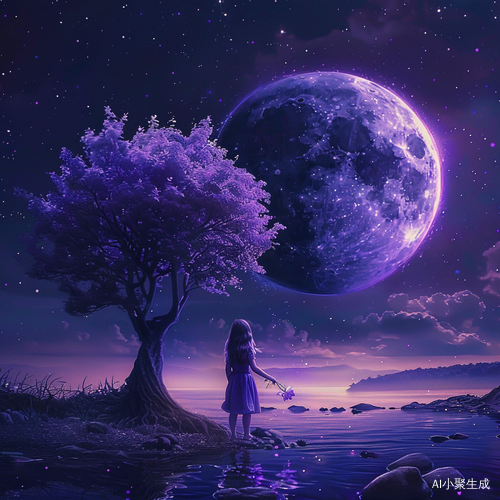 紫色的月亮，紫色的树和河，小女孩手捧紫色花望星辰
