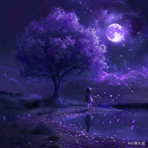 紫色的月亮，紫色的树和河，小女孩手捧紫色花望星辰