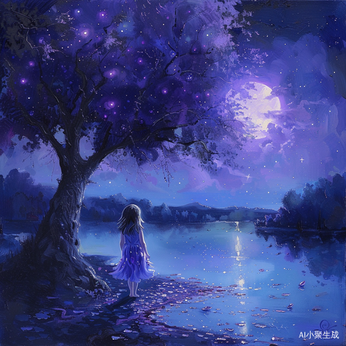 紫色的月亮，紫色的树和河，小女孩手捧紫色花望星辰