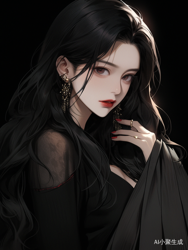 典雅女生穿黑色吊带裙，栩栩如生的面容