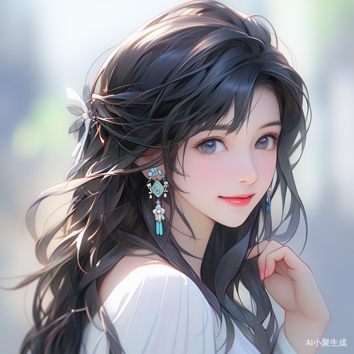 黑色长直发的美少女穿白礼服，笑容灿烂