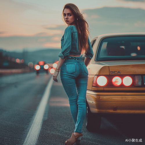 路边美女穿着牛仔裤打车
