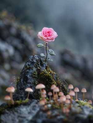 长满青苔的岩石上一枝粉色玫瑰在画面中间凸显娇艳，特写超真实，前面有雾，岩石旁边零星长着美丽的小蘑菇，背景以边缘模糊的山脉为特色，你可以看到它是在中午用尼康D750相机的微距镜头拍摄的。景深，漂亮的大光圈，它具有很高的分辨率和质量。