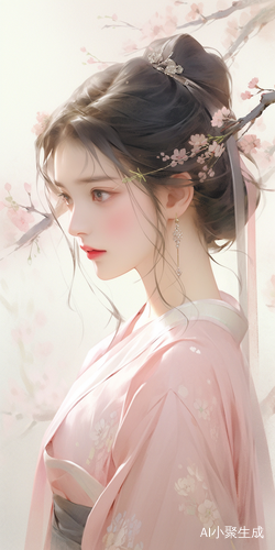 精致女人在樱花树下穿唐代汉服