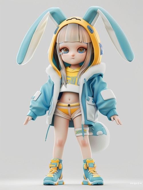 Chinese zodiac, super cute girl wearing rabbit shaped hat, tech elements, stylish clothes, super cute IP by POP MART, hbi, model, blind box toy, fine gloss, clean background, 3drender, OC rendering, best quality, 4K, super detail, front view, POP market toy, studio lighting, front view, standing pose, ar 3:4