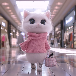 modern organic,Front view,Full Length Shot(FLS),Cold light,A white kitten, anthropomorphized, dressed in a pink sweater and white boots, with a bag slung over its arm, shopping for clothes in a mall.