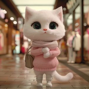 modern organic,Front view,Full Length Shot(FLS),Cold light,A white kitten, anthropomorphized, dressed in a pink sweater and white boots, with a bag slung over its arm, shopping for clothes in a mall.