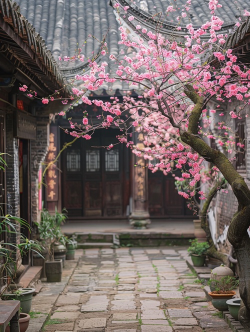 古风小庭院，桃花朵朵开，各种角度拍照