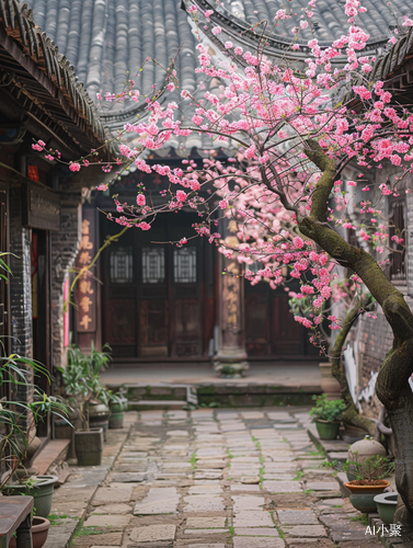 古风小庭院，桃花朵朵开，多角度拍照