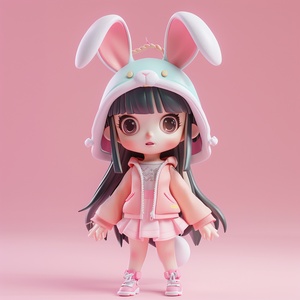 Chinese zodiac, super cute girl wearing rabbit shaped hat, tech elements, stylish clothes, super cute IP by POP MART, hbi, model, blind box toy, fine gloss, clean background, 3drender, OC rendering, best quality, 4K, super detail, front view, POP market toy, studio lighting, front view, standing pose, ar 3:4