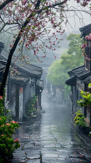 古镇街景，烟雨朦胧，树枝摇曳，绿意盎然中点缀这大片花朵，青石板路蜿蜒曲折