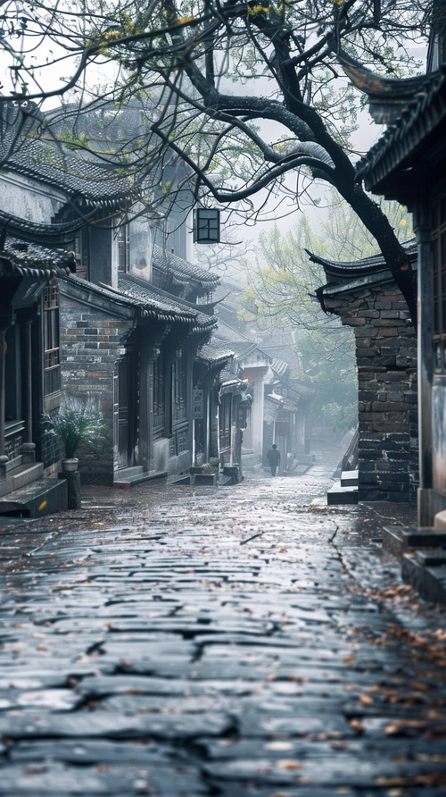 古镇街景，青石板路蜿蜒曲折，烟雨江南