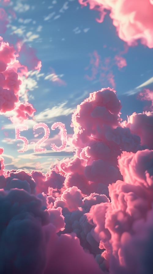 In the background is a sunny sky, clouds form the letters "520" and the air is filled with a pink smell, UHD, high quality ar 9:16