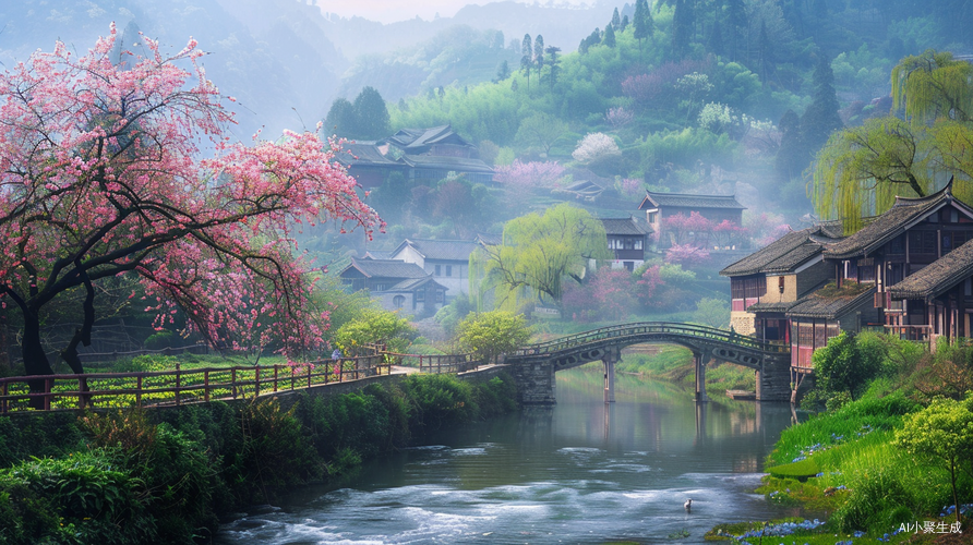 春天的山坡村庄与小溪垂柳