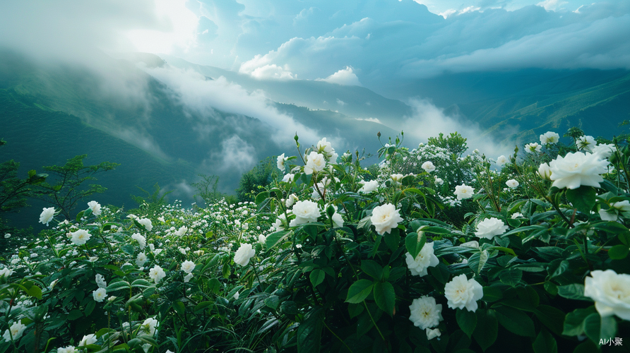 满山白玫瑰花广角空拍高清