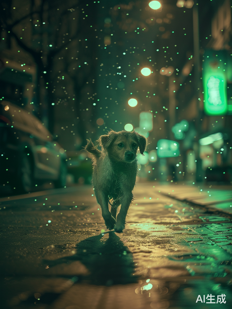 奔跑的小狗在治愈系氛围的街道上与汽车相遇