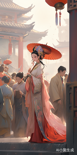 唐朝女子汉服下的太平公主与侍卫游灯会