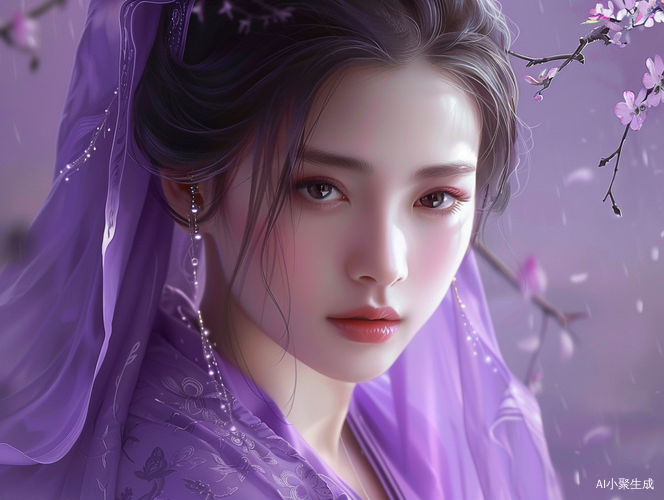 美女穿紫色衣服的精致五官