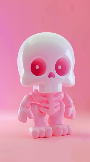 Cute skull toyart with transparent acrilic body covering the bones, pink,3D icon, white, clay material isometric,3D rendering, smooth ashiny, vinyl figure, toy art, realistic use of light and color, soft gradient, cute style, glossy,honey style, nintendo trendy, best details, high definition, high resolution