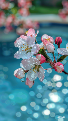 鲜嫩绽放的唯美海棠花：清晨池畔的花海