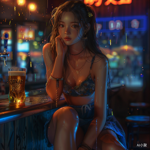 中国美少女独饮深夜酒吧微光插画