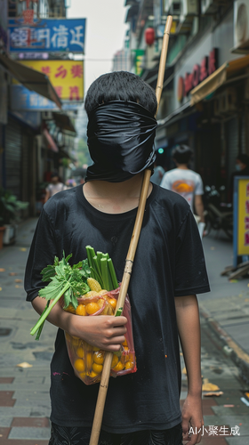 盲人少年携带蔬菜和花生油引人围观