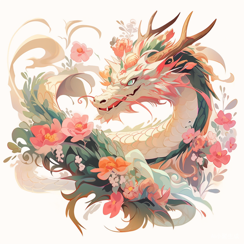 Dragon: White Background with Flower Decorations - Anime Style 2D Illustrations